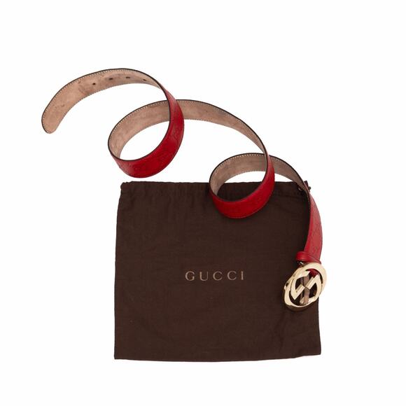 GUCCI Red Leather Signature Monogram Interlocking GG Gold Buckle Belt 100•40 main image 8